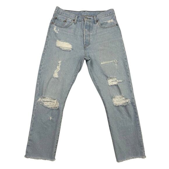 Levi's Denim - Levis 501 Jeans Womens 29X26 Blue High Rise Button Fly Crop Distressed Denim
